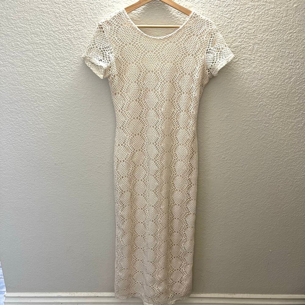Vintage 90 Newport News Ivory Crochet Lace Maxi Dress 8 Coastal Cottagecore Boho - Picture 2 of 8
